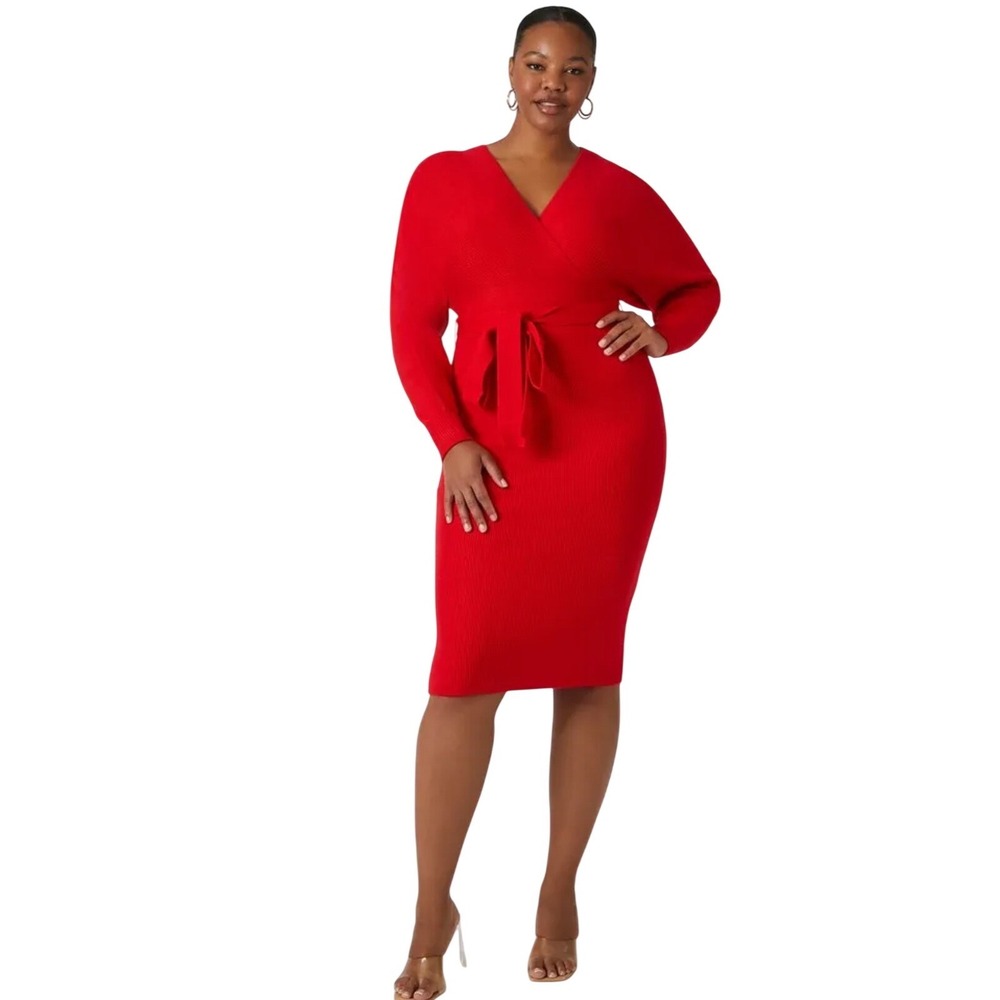 NWT Forever 21 Red Wrap Knit Midi‎ Dress Dolman Sleeve Belt CutOut Back Plus 3X